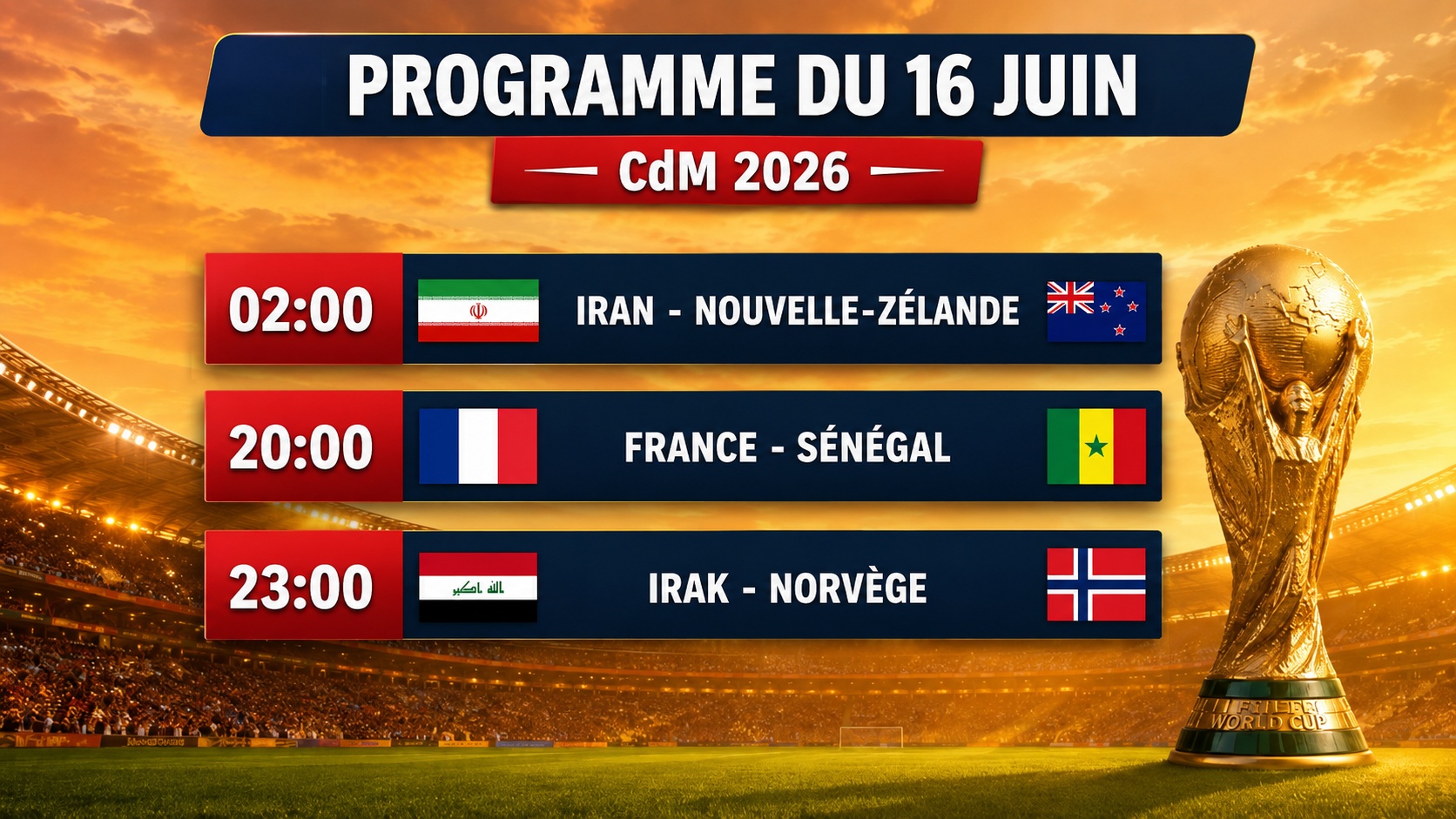 CdM26 : Programme du mardi 16 juin en horaire marocain
