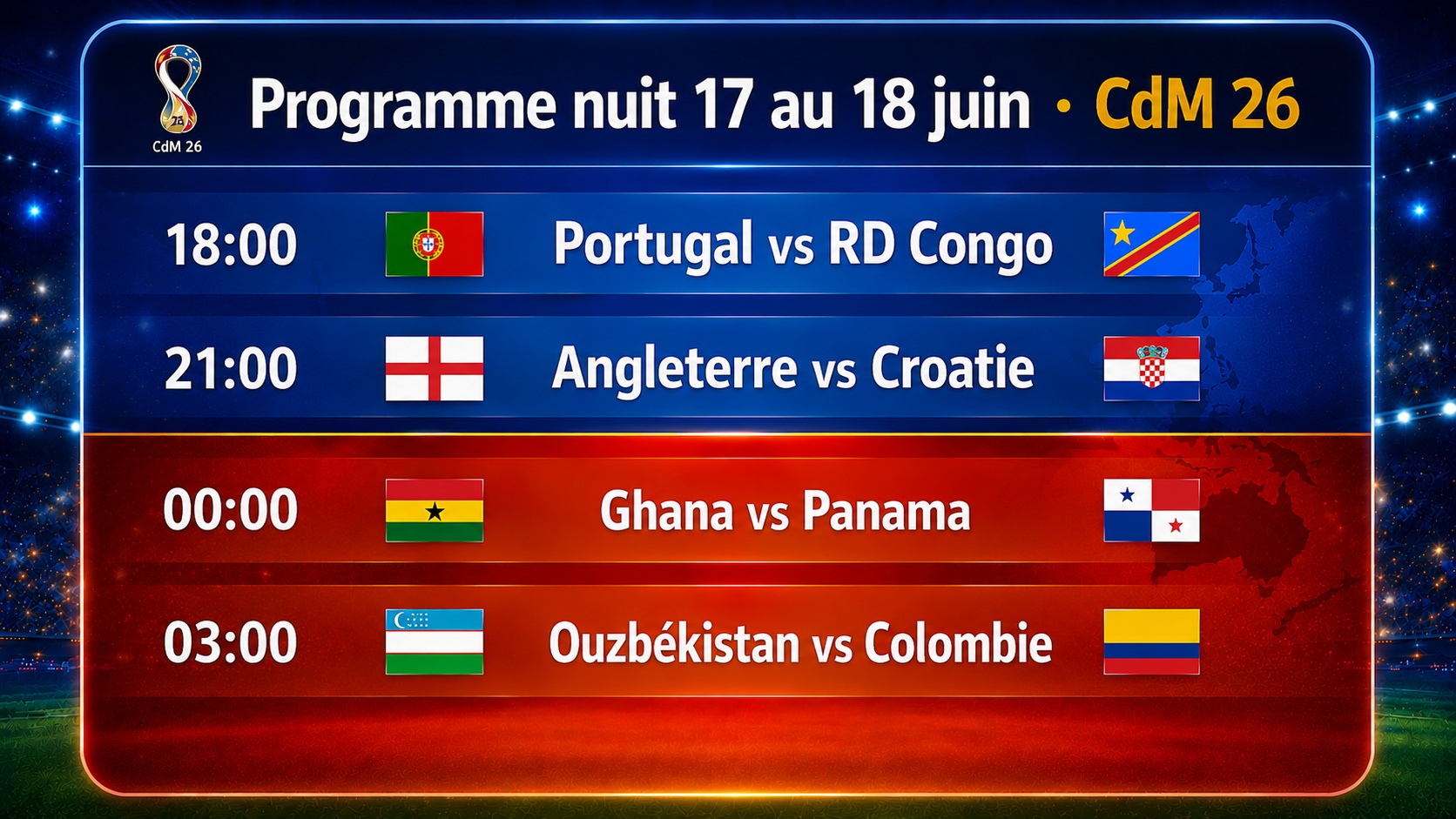 CdM 26 / Programme nocturne (17 au 18 juin) : quatre affiches à suivre 
