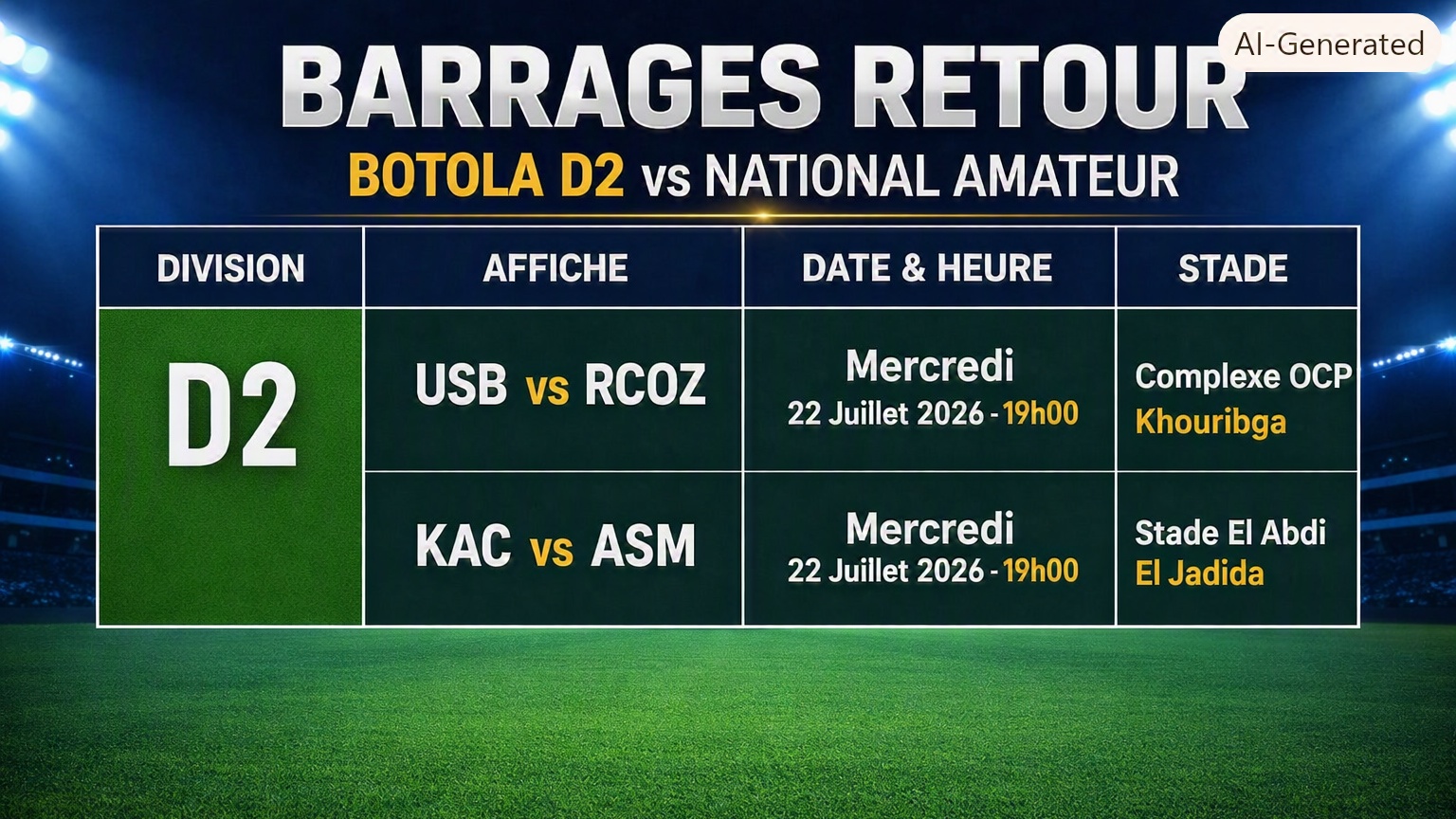 Barrages Botola ‘’D2 vs National amateur’’ : Avantage au KAC et à l’USB mais attention au but marqué à l’extérieur 