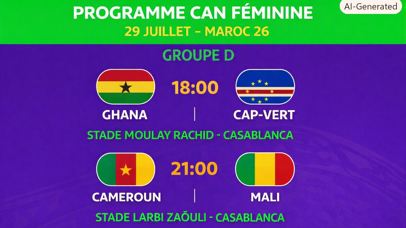 CAN (f) Maroc 26 : Ghana / Cap - Vert et Cameroun / Mali pour clore la J1 de la phase de poules