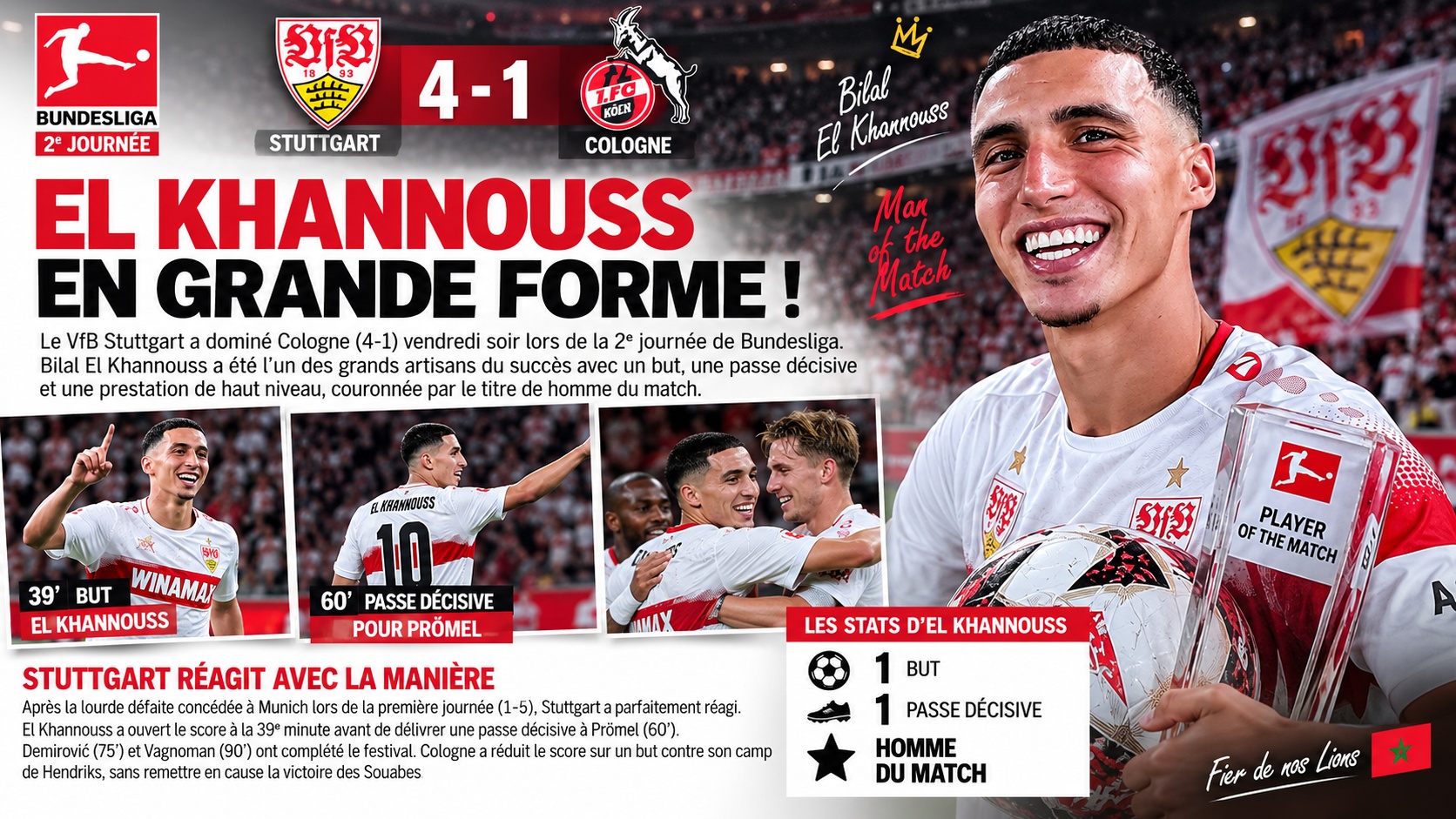 Bendesliga-J2 : El Khannouss brille, Stuttgart écrase Cologne