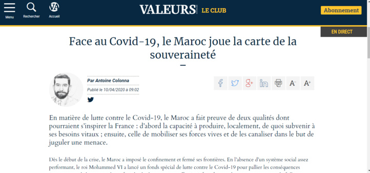 Valeurs Actuelles vante la réactivité du Maroc face au Covid-19