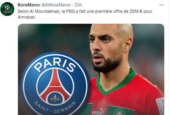 Lu sur twitter : ‘’Le PSG aurait fait une offre de 25 M d’euro pour Amrabet’’ !