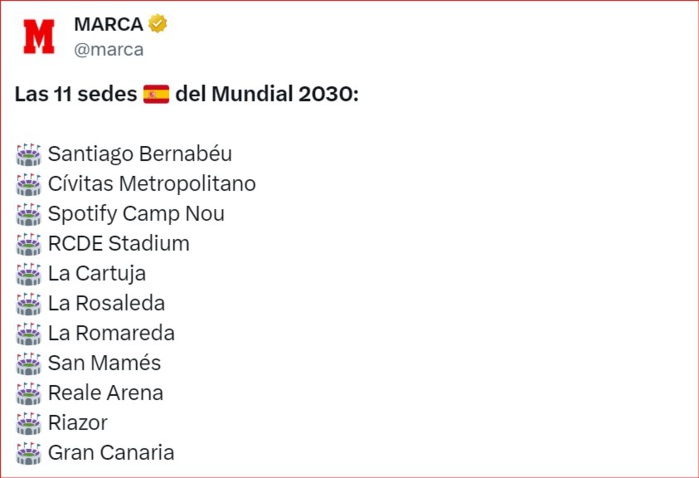 CDM 2030 / Espagne :  Les 11 stades mondialistes selon Marca  