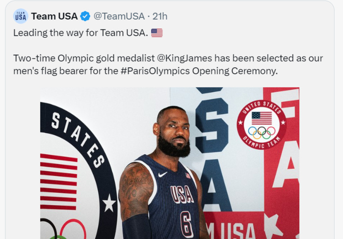 JO Paris 24: LeBron porte drapeau masculin des Etats Unis d’Amérique