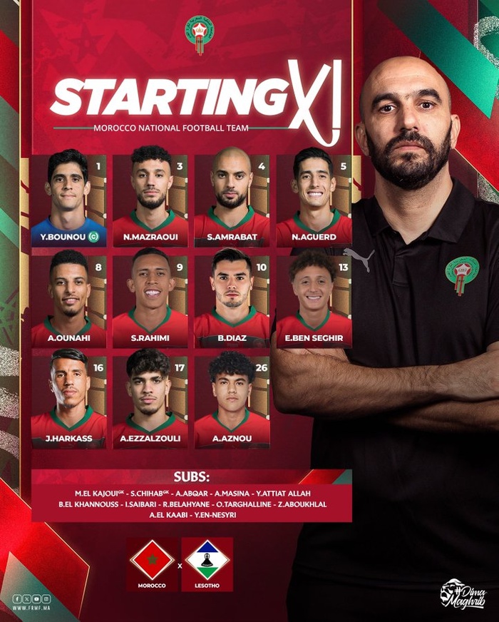 Maroc-Lesotho / Onze de départ : Aznou titulaire , Rahimi en pointe