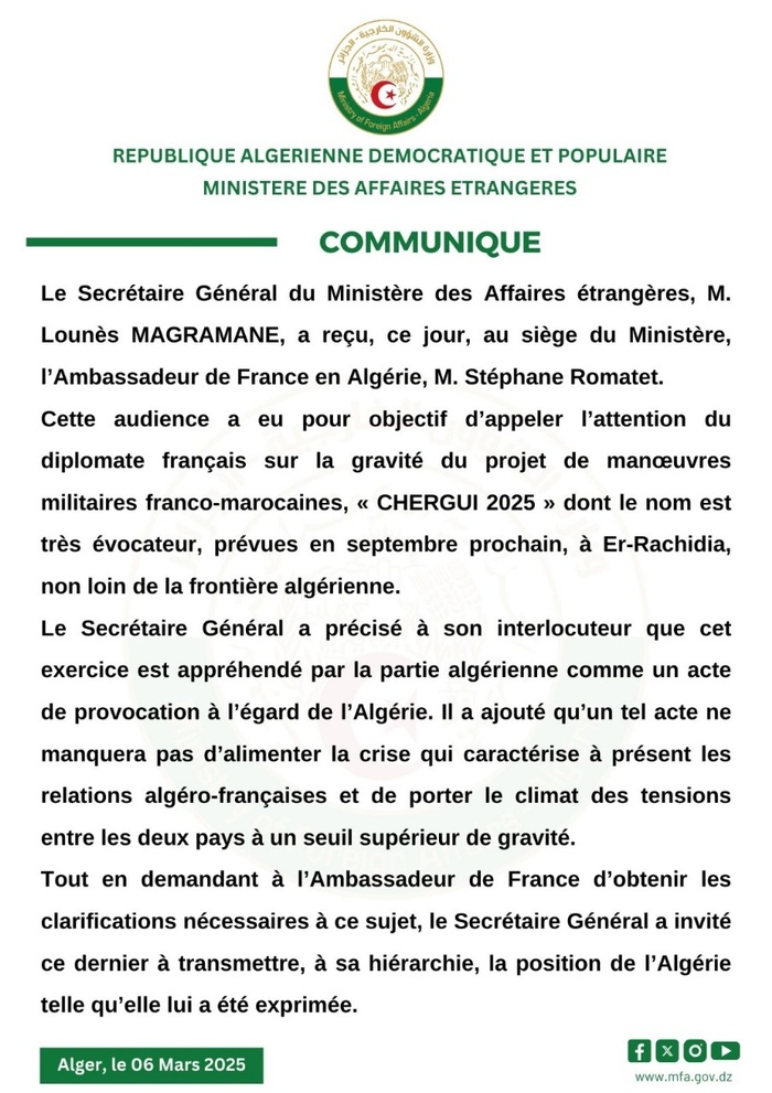 Alger considére les prochaines manœuvres militaires franco-marocaines à Er-Rachidia comme "une provocation"