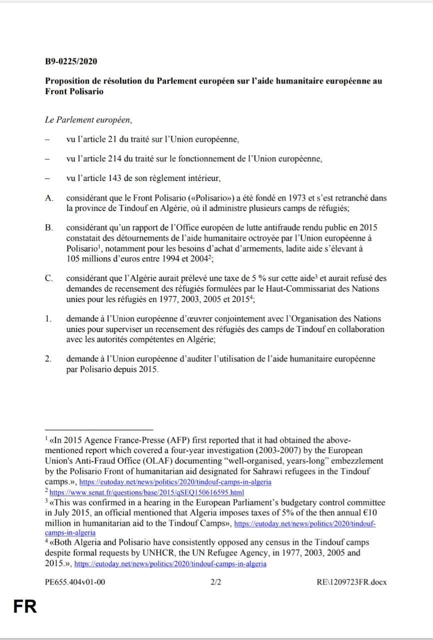PE : Une résolution pour dénoncer le détournement de l'aide humanitaire par l'Algérie et le polisario