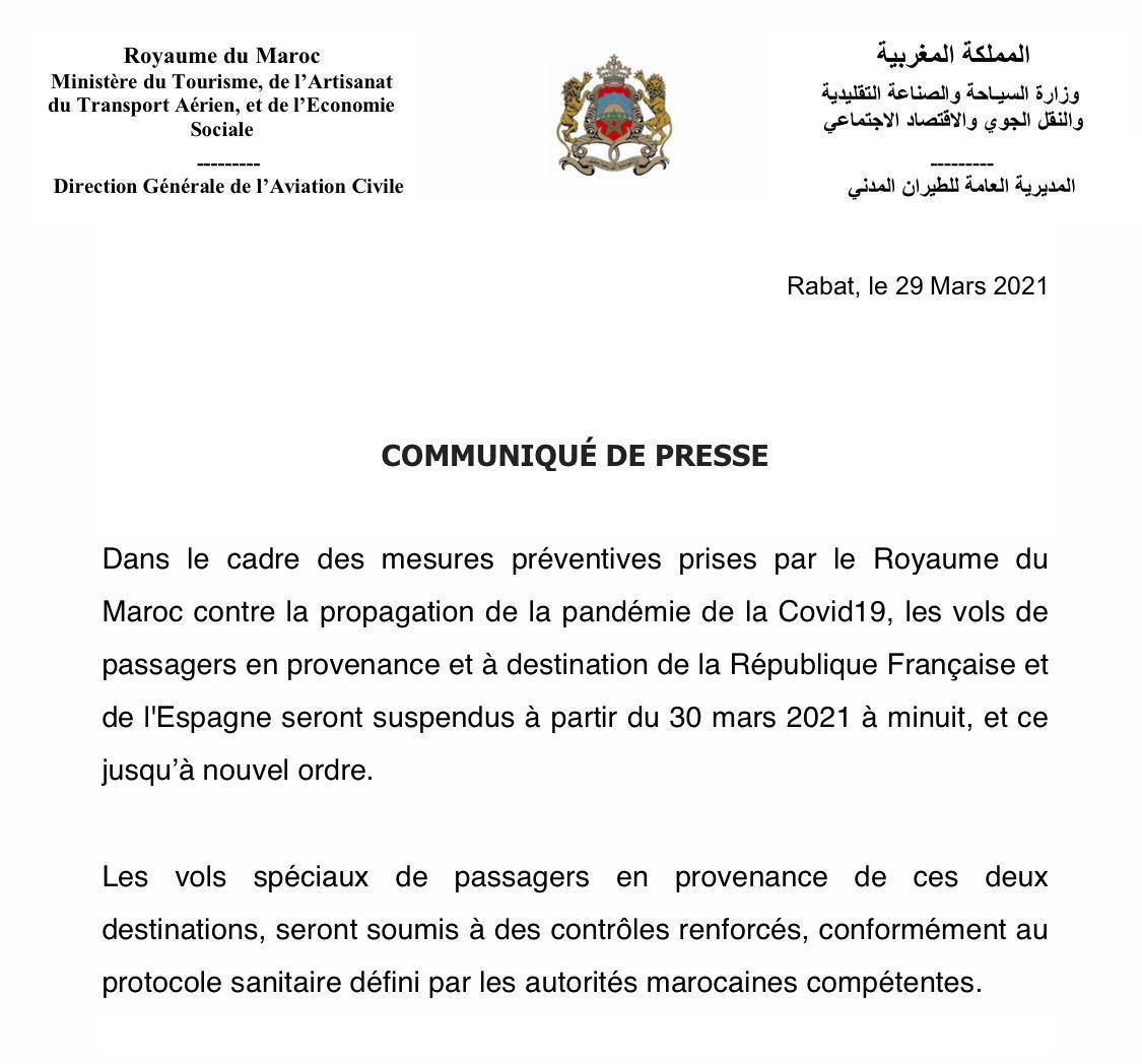 COVID : Le Maroc suspend ses liaisons aériennes avec la France et l’Espagne