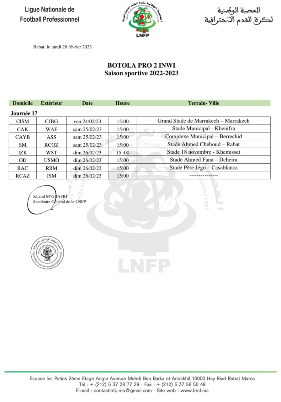 Botola Pro D2 : La 17ème journée répartie débute ce vendredi