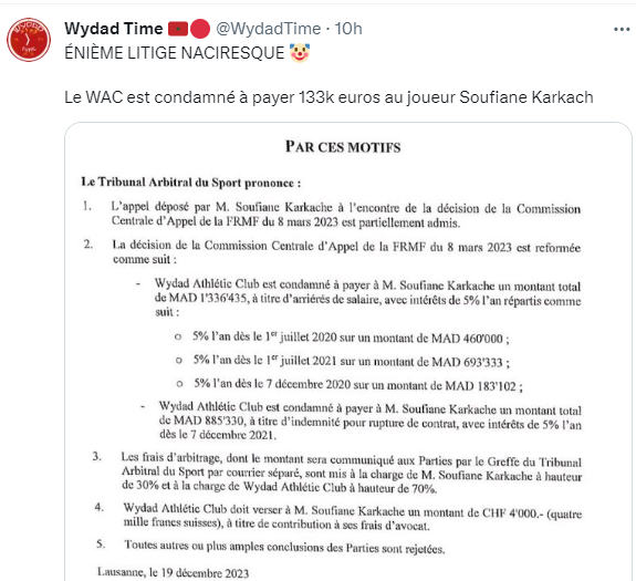 TAS / litige Soufiane Karkach-WAC :  Un énième procès perdu par le Wydad