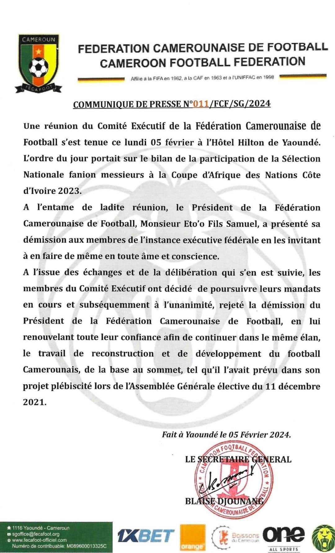 Cameroun / FECA Foot : Eto’o présente sa démission