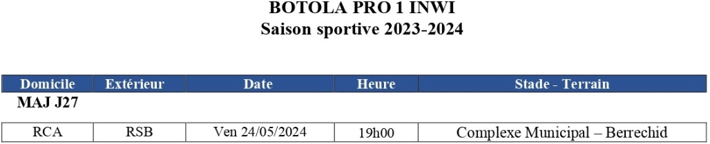 Botola D1/Mise à jour J27:  Aujourd'hui, RCA-RSB