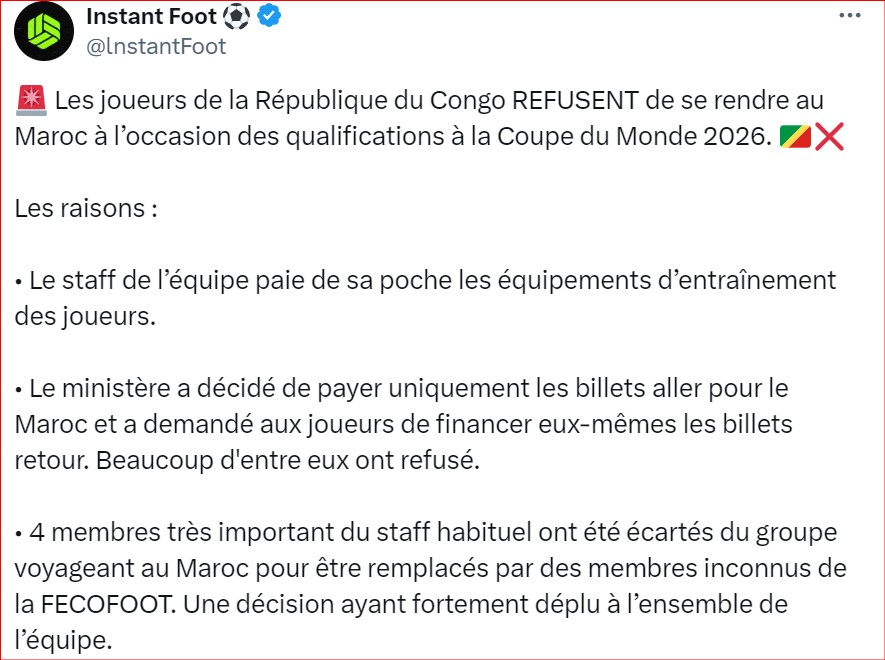 Qualifs. CDM 2026 / Urgent: Possible annulation du match Congo Brazzaville - Maroc de ce mardi !?