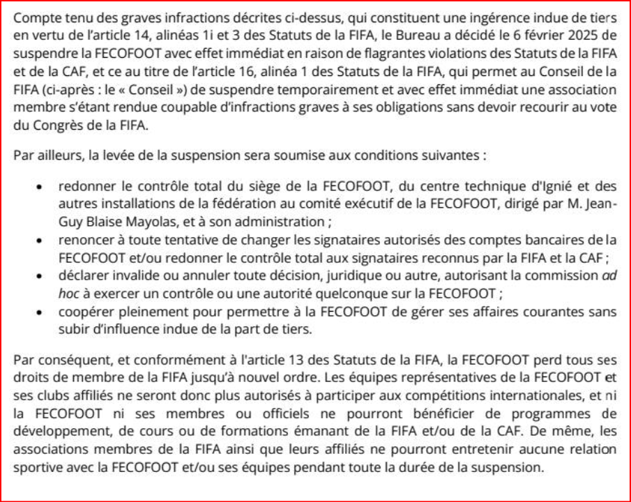 Un extrait du courrier de la FIFA annonçant  la décision