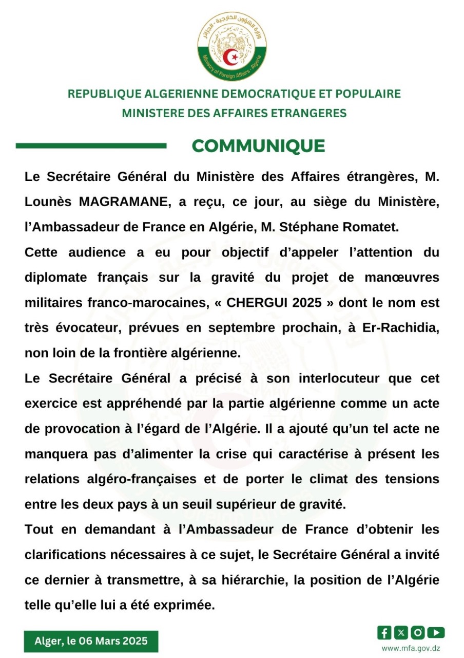 Alger considére les prochaines manœuvres militaires franco-marocaines à Er-Rachidia comme "une provocation"